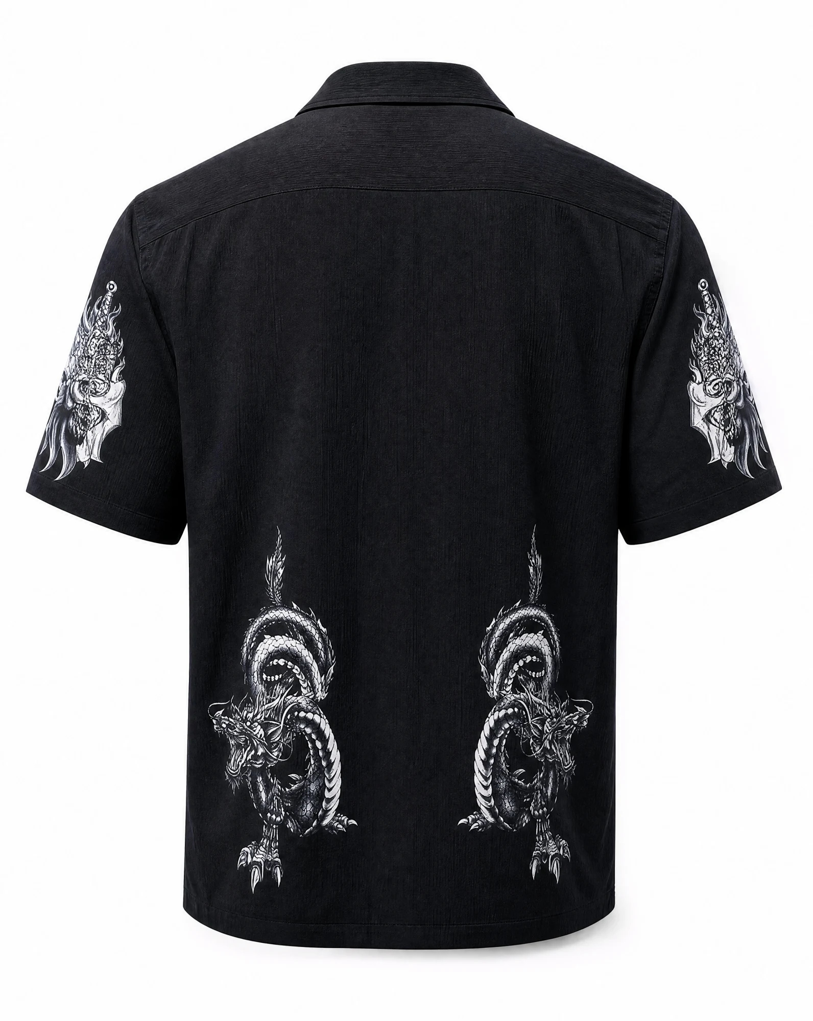 The Onyx Dragon & Dagger Camp Shirt — Jet Black with Grey Dragon & Skull Print — the printed t-shirts & shirts — VAUDRE numbered luxury — view 3