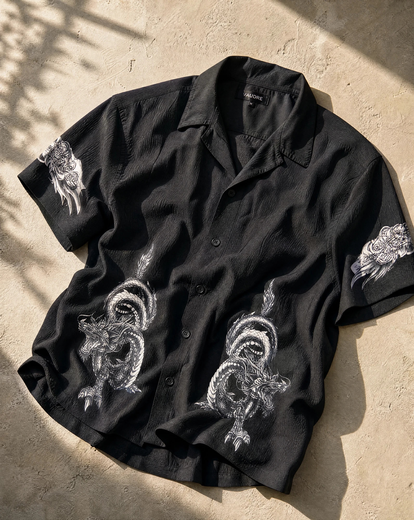 The Onyx Dragon & Dagger Camp Shirt — Jet Black with Grey Dragon & Skull Print — the printed t-shirts & shirts — VAUDRE numbered luxury — view 4