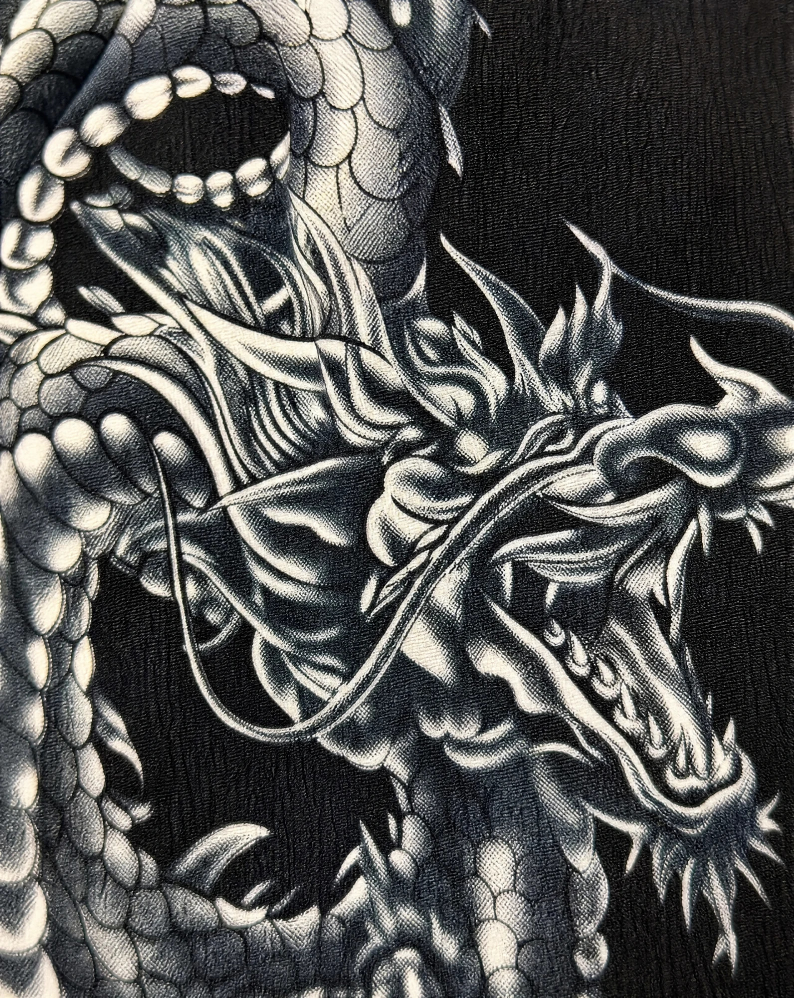 The Onyx Dragon & Dagger Camp Shirt — Jet Black with Grey Dragon & Skull Print — the printed t-shirts & shirts — VAUDRE numbered luxury — view 5