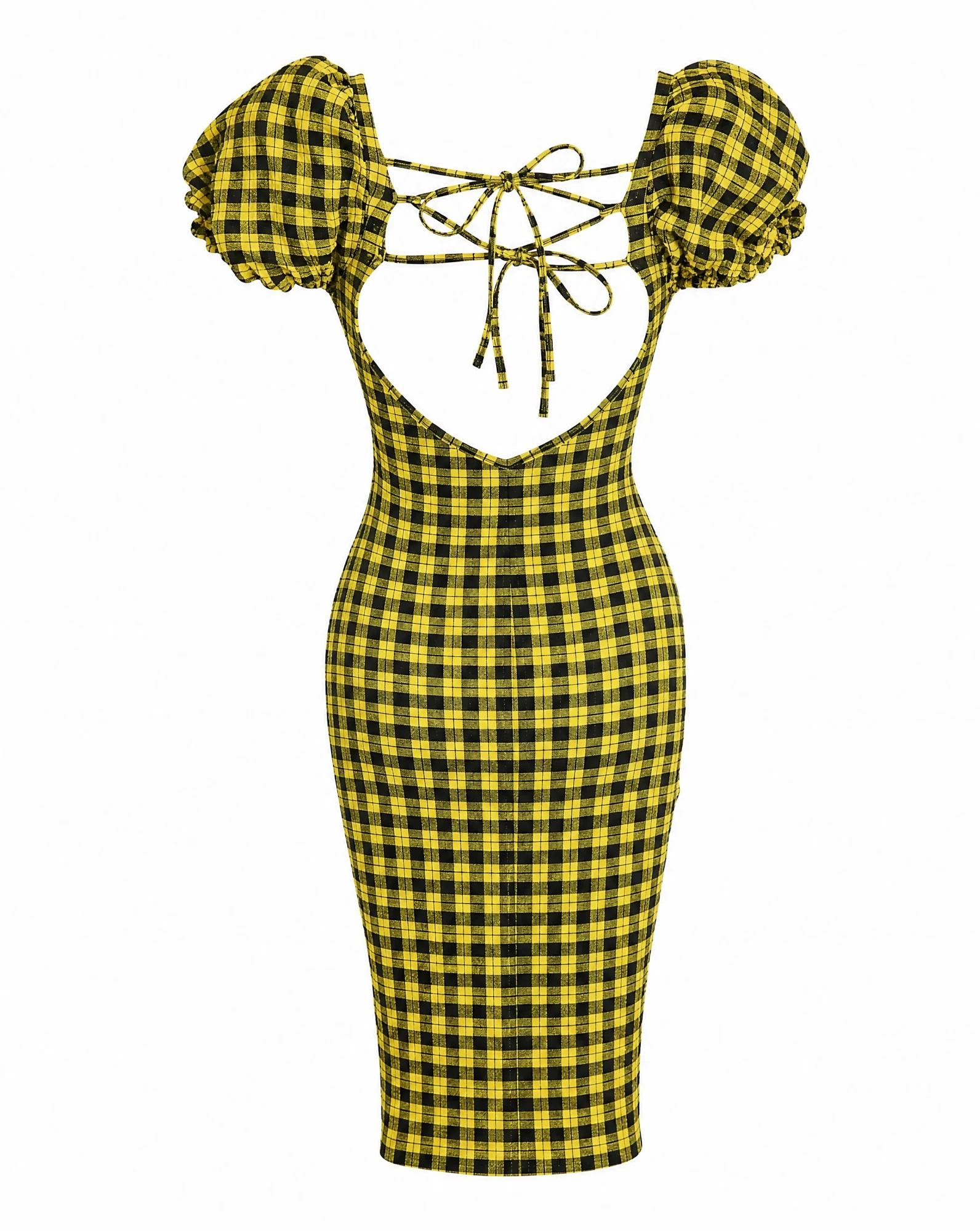 The Sunlit Gingham Puff-Sleeve Midi Dress — Sunflower Yellow & Black Gingham — party wear — VAUDRE numbered luxury — view 3