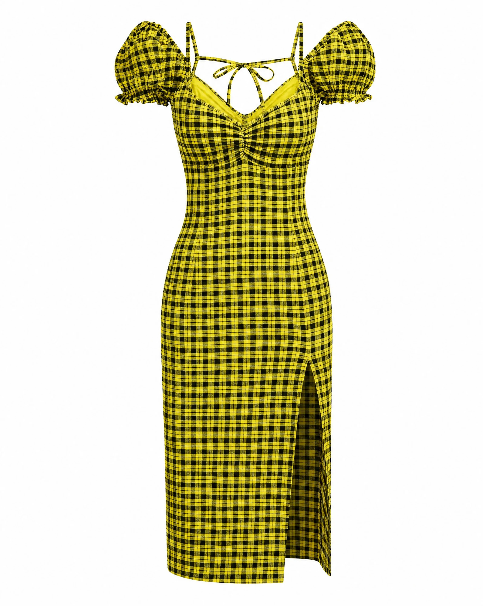 The Sunlit Gingham Puff-Sleeve Midi Dress — Sunflower Yellow & Black Gingham — party wear — VAUDRE numbered luxury