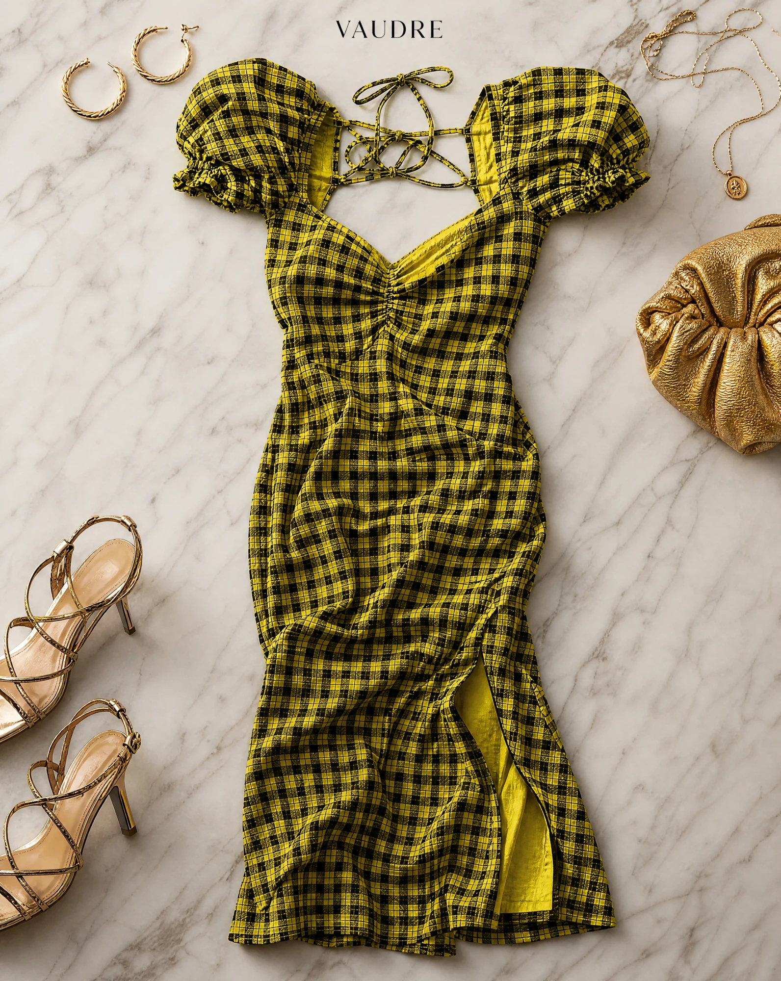 The Sunlit Gingham Puff-Sleeve Midi Dress — Sunflower Yellow & Black Gingham — party wear — VAUDRE numbered luxury — view 4