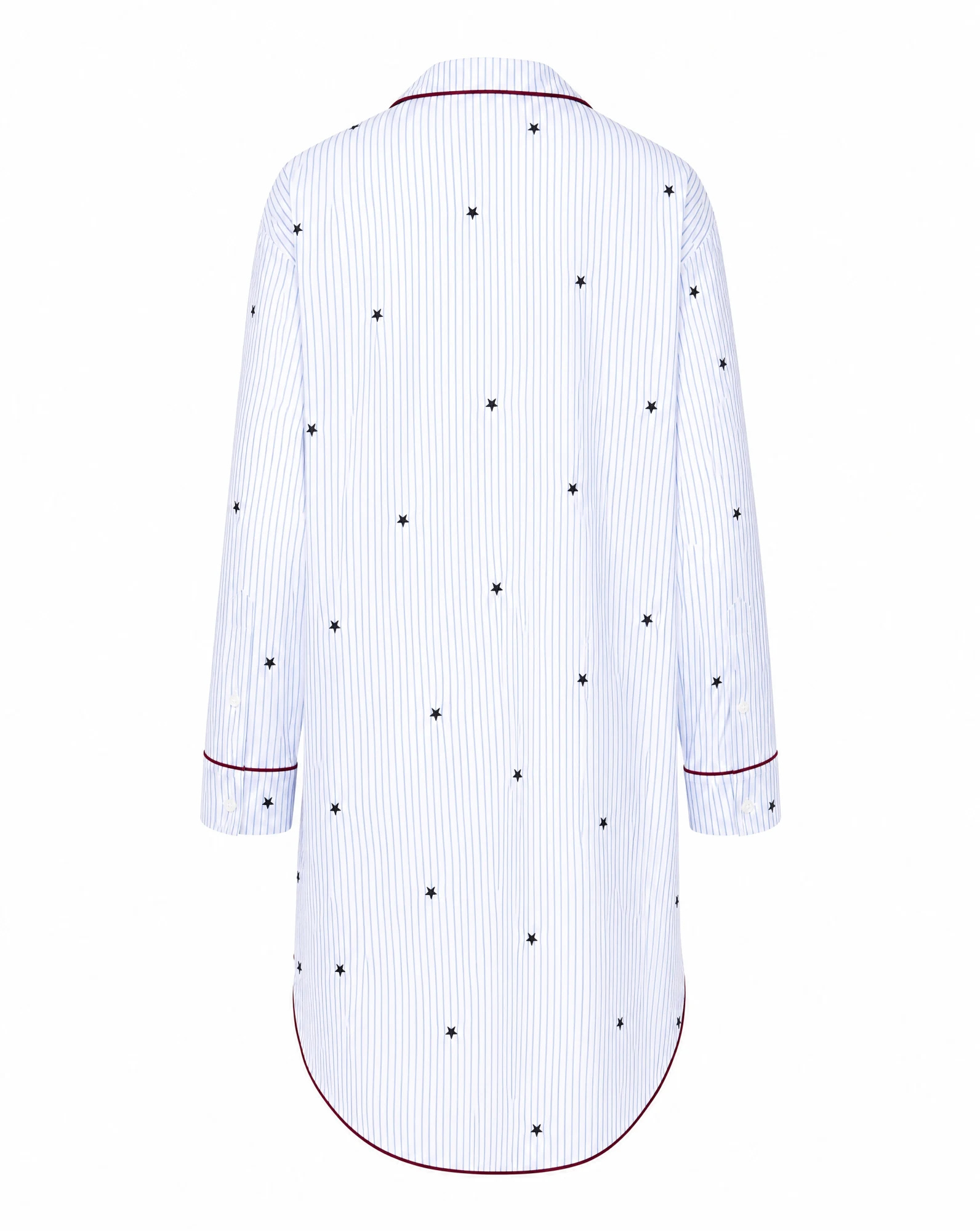 The Burgundy-Piped Star Sleep Shirt — White Pinstripe with Navy Stars — beach wear — VAUDRE numbered luxury — view 3