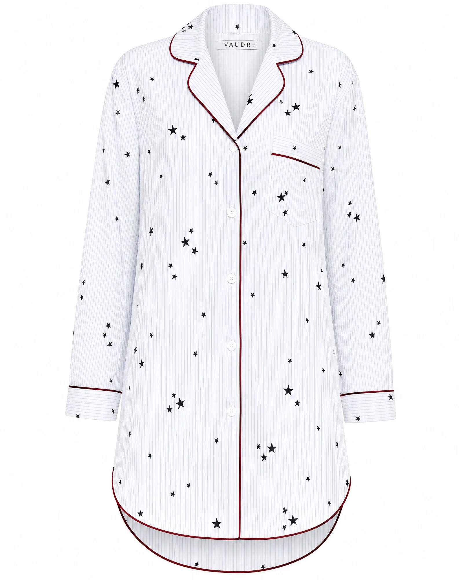 The Burgundy-Piped Star Sleep Shirt — White Pinstripe with Navy Stars — beach wear — VAUDRE numbered luxury