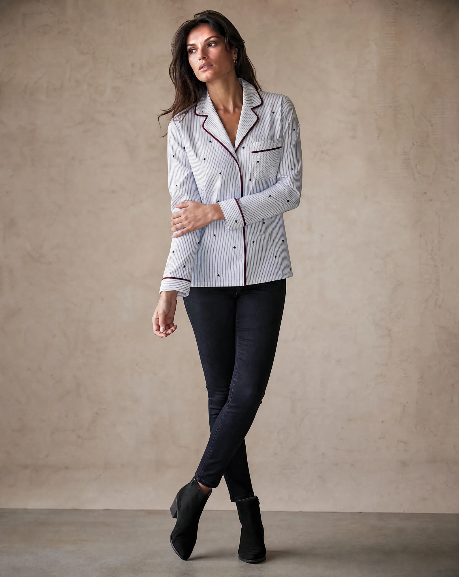 The Burgundy-Piped Star Sleep Shirt — White Pinstripe with Navy Stars — beach wear — VAUDRE numbered luxury — view 2