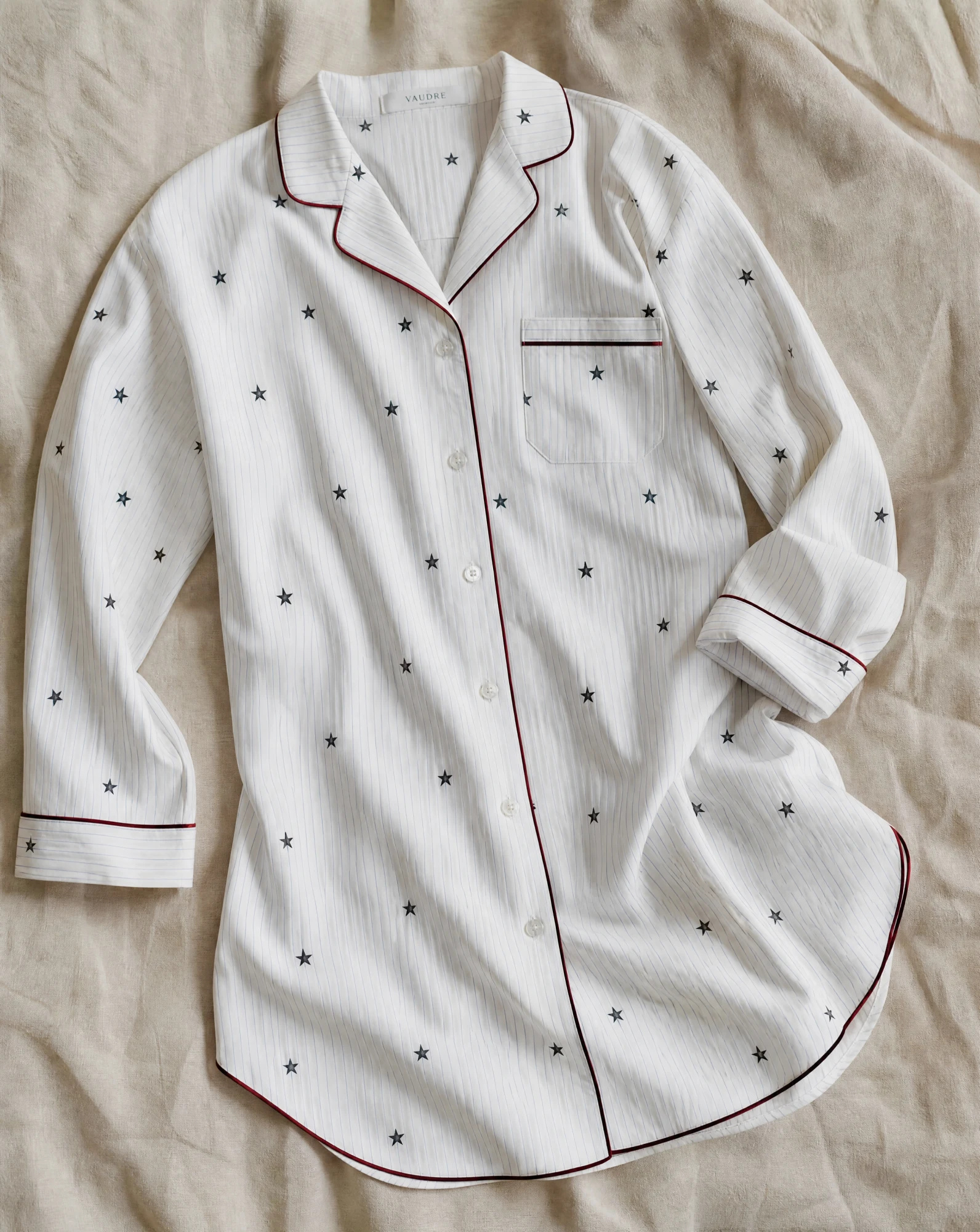 The Burgundy-Piped Star Sleep Shirt — White Pinstripe with Navy Stars — beach wear — VAUDRE numbered luxury — view 4