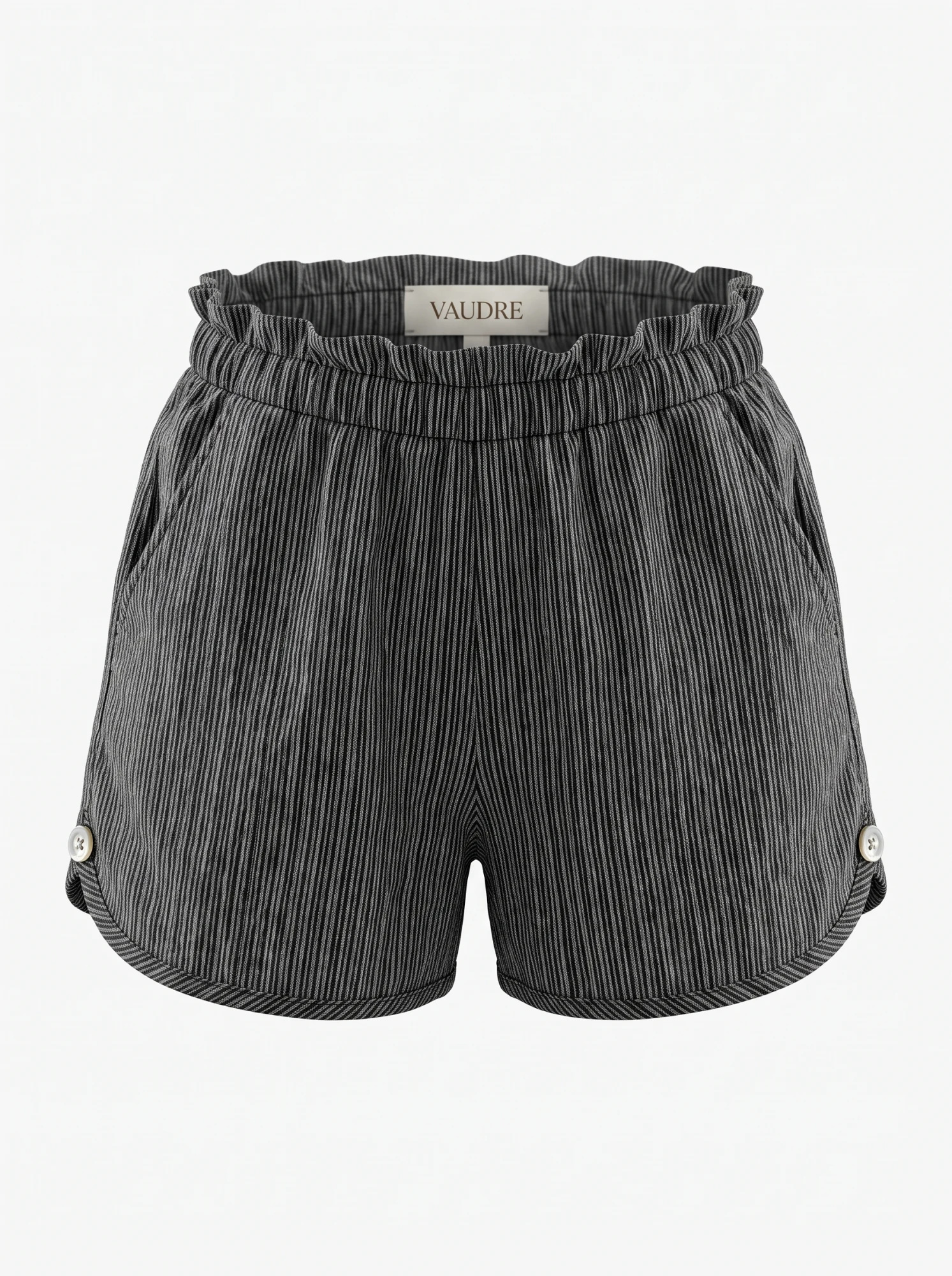 The Charcoal Pinstripe Paperbag Shorts — Charcoal Salt-and-Pepper Pinstripe — the linen edit — VAUDRE numbered luxury