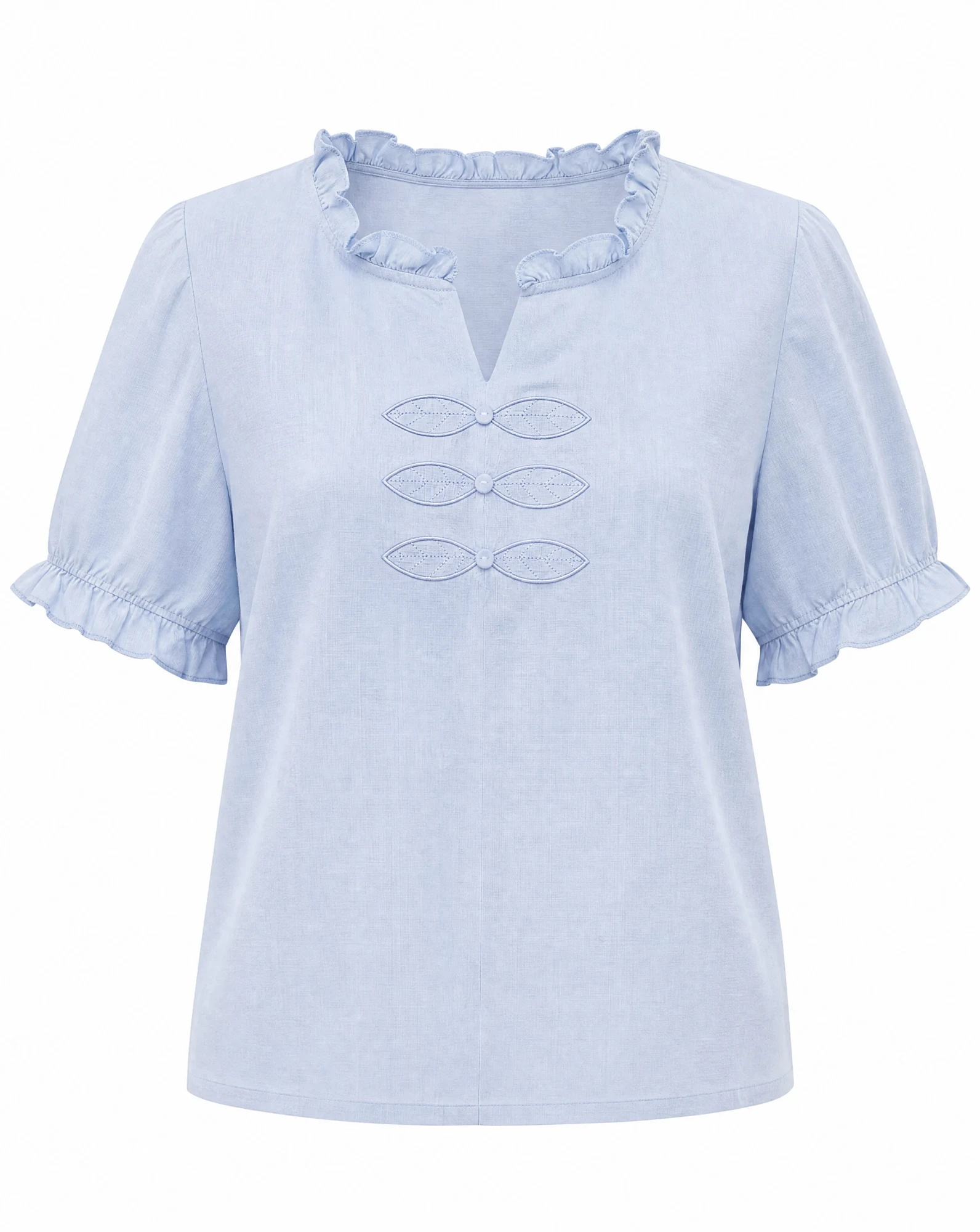 The Sky-Blue Ruffle-Neck Embroidered Blouse — Soft Sky Blue — the blouses — VAUDRE numbered luxury
