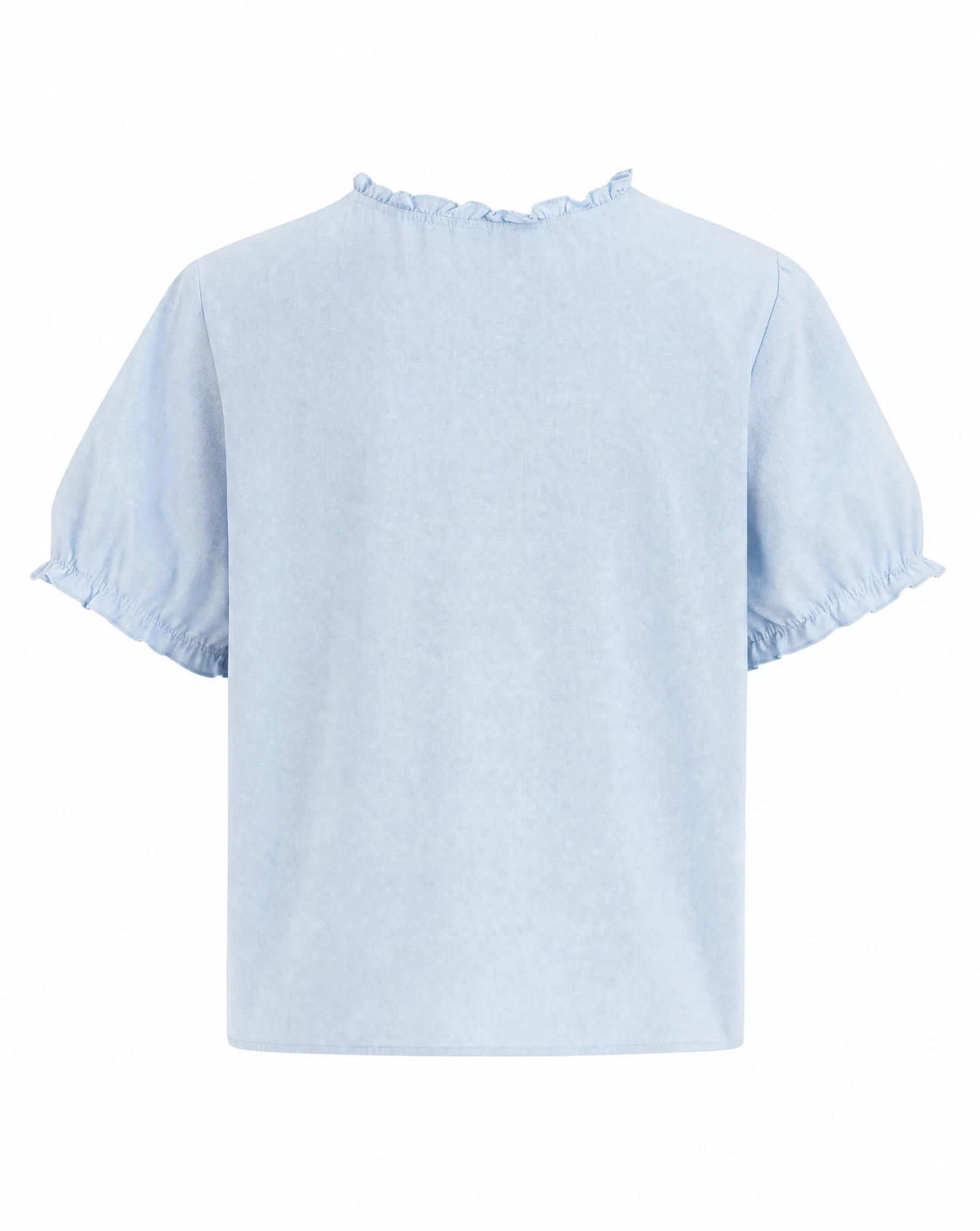 The Sky-Blue Ruffle-Neck Embroidered Blouse — Soft Sky Blue — the blouses — VAUDRE numbered luxury — view 3