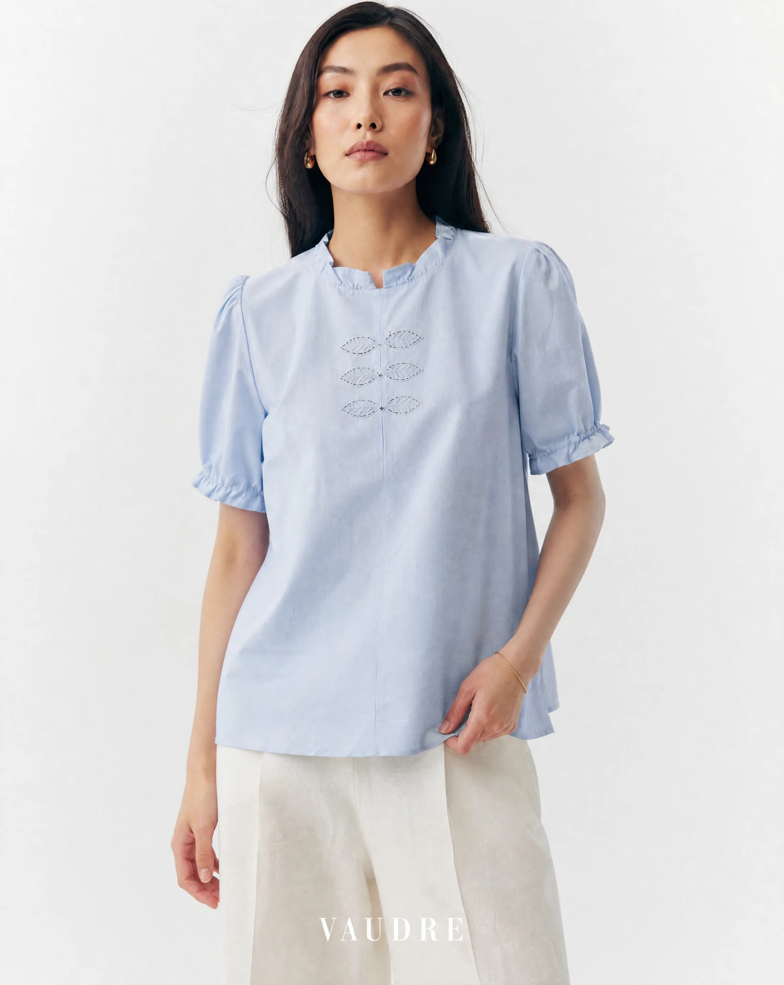 The Sky-Blue Ruffle-Neck Embroidered Blouse — Soft Sky Blue — the blouses — VAUDRE numbered luxury — view 2