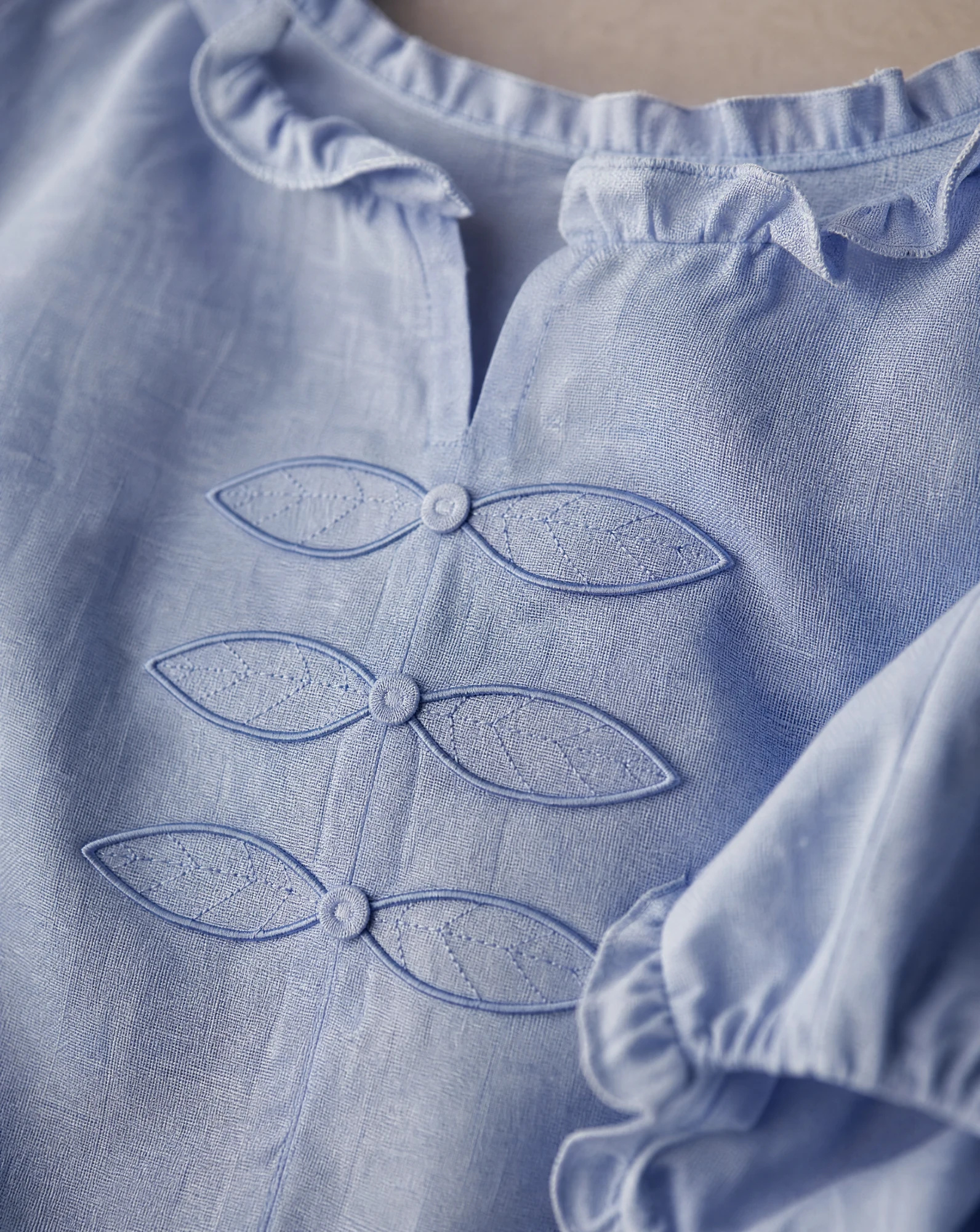 The Sky-Blue Ruffle-Neck Embroidered Blouse — Soft Sky Blue — the blouses — VAUDRE numbered luxury — view 5