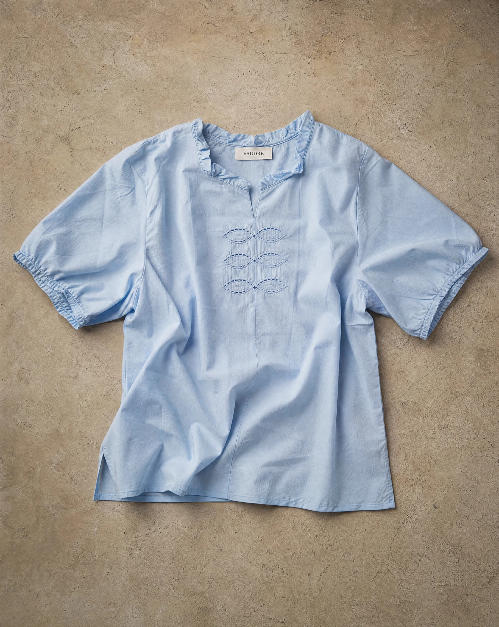 The Sky-Blue Ruffle-Neck Embroidered Blouse — Soft Sky Blue — the blouses — VAUDRE numbered luxury — view 4
