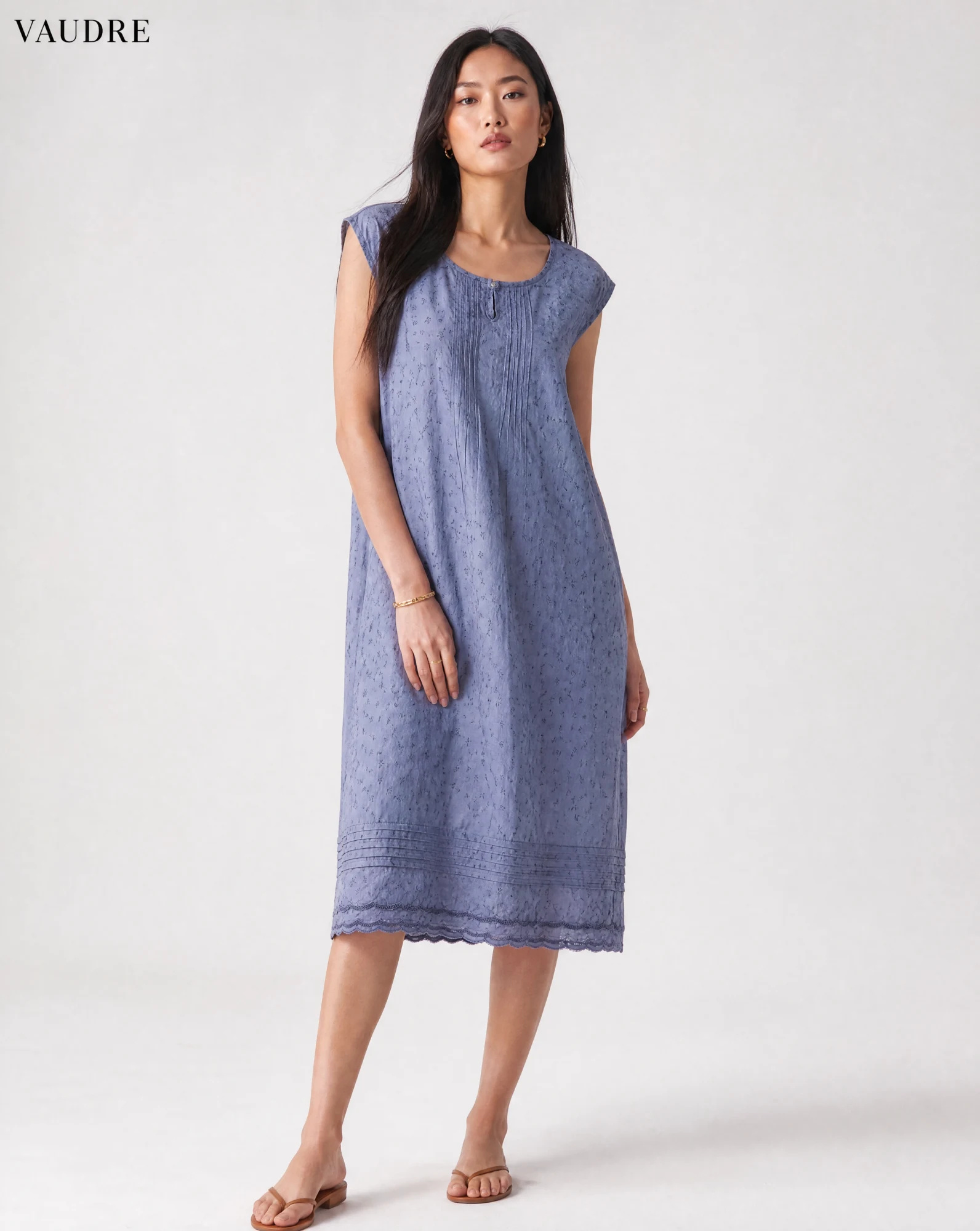 The Cornflower Eyelet Shift Dress — Dusty Cornflower Blue — the linen edit — VAUDRE numbered luxury — view 2