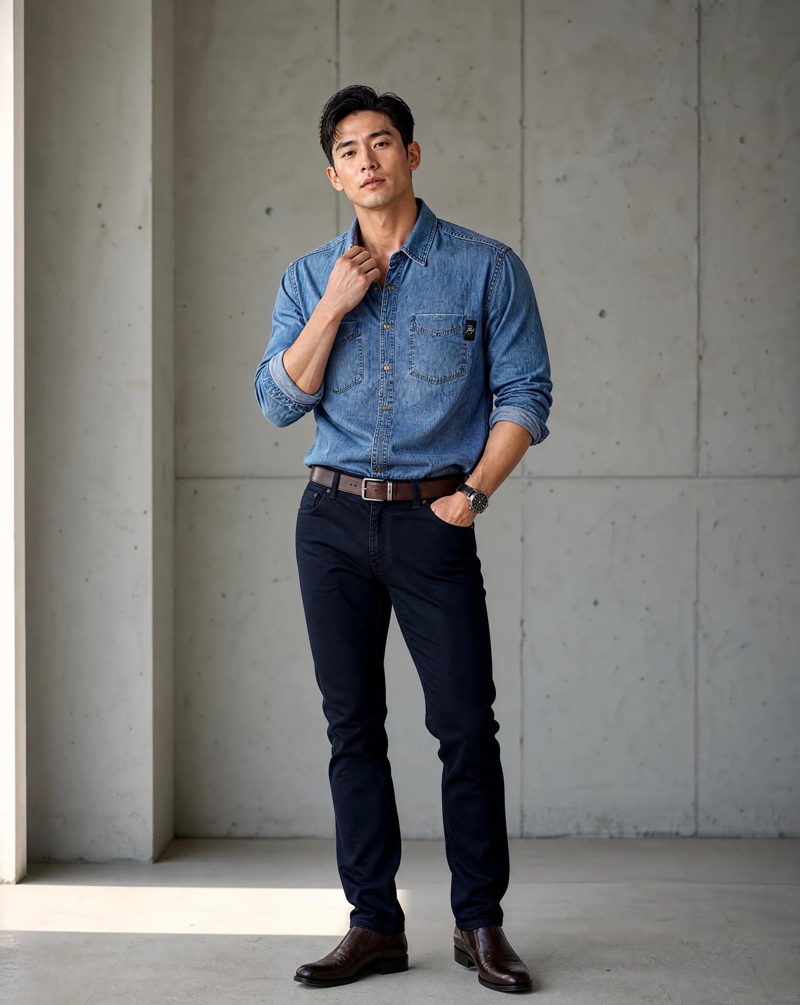 The Faded-Indigo Utility Denim Shirt — Faded Indigo Wash — the shirt (casual/formal) — VAUDRE numbered luxury — view 2