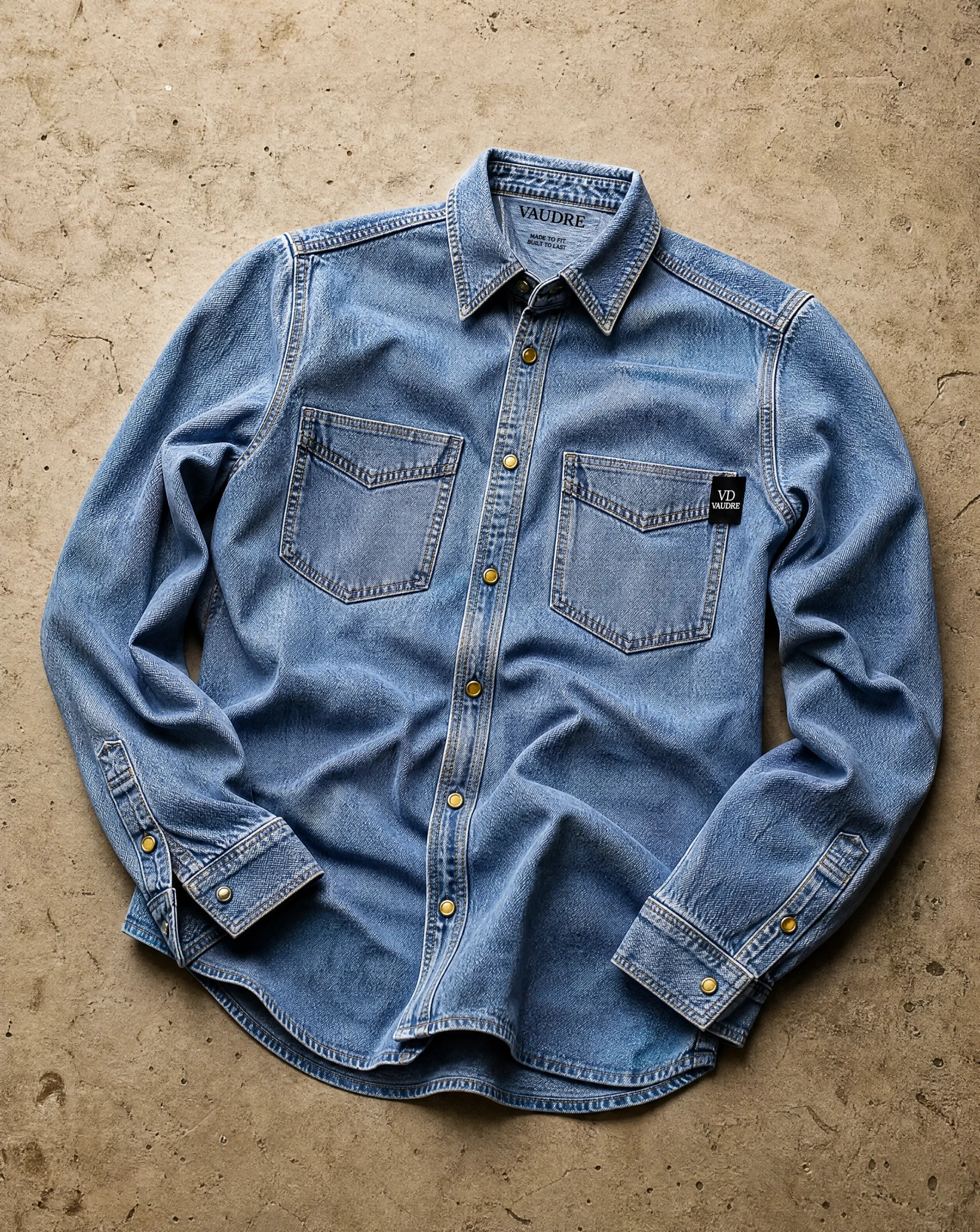 The Faded-Indigo Utility Denim Shirt — Faded Indigo Wash — the shirt (casual/formal) — VAUDRE numbered luxury — view 4