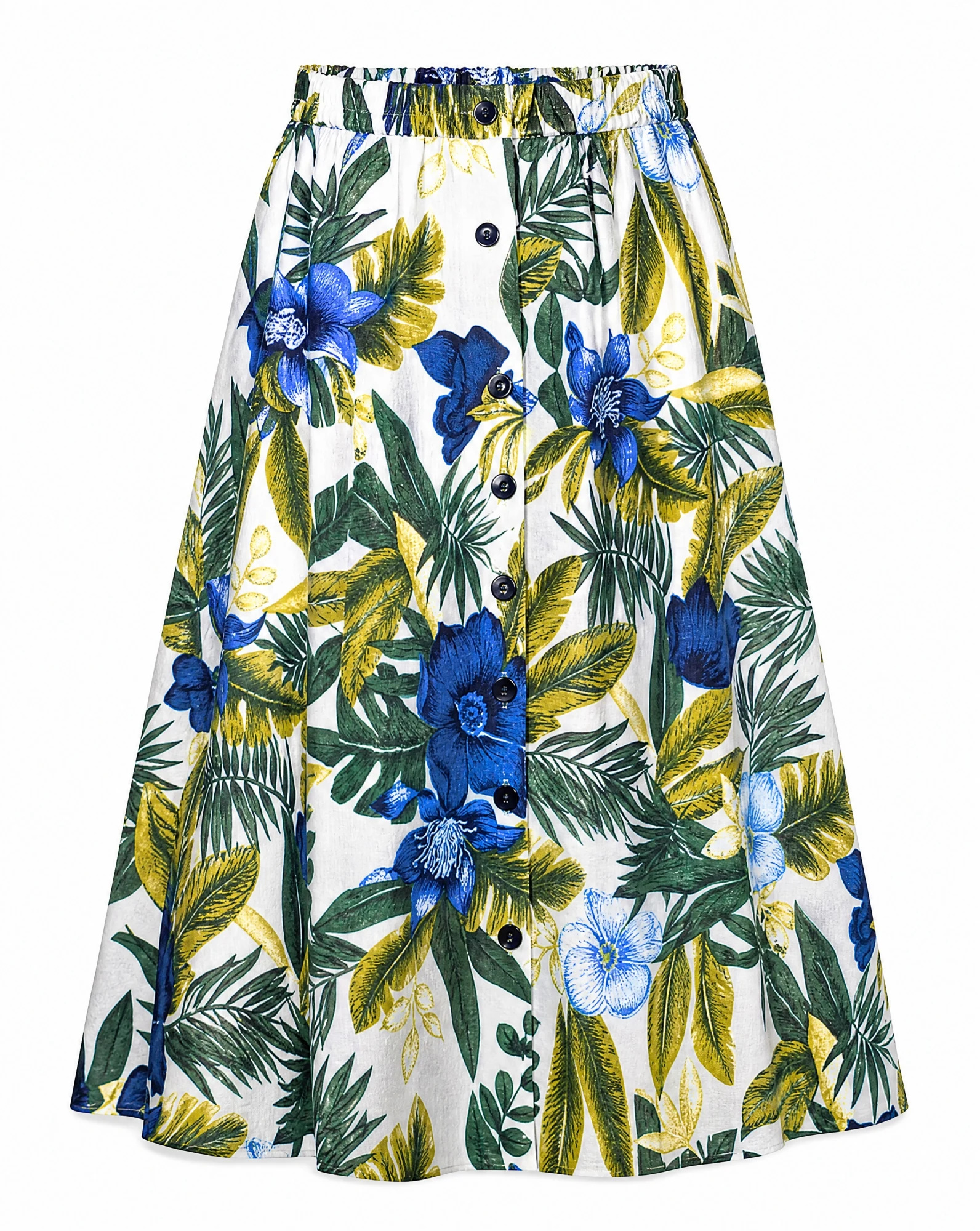 The Tropical Bloom Button-Front Midi Skirt — Ivory with Blue & Green Tropical Floral — the skirts — VAUDRE numbered luxury