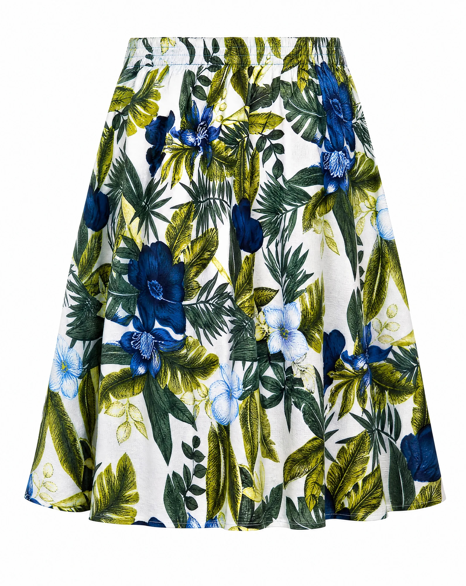 The Tropical Bloom Button-Front Midi Skirt — Ivory with Blue & Green Tropical Floral — the skirts — VAUDRE numbered luxury — view 3