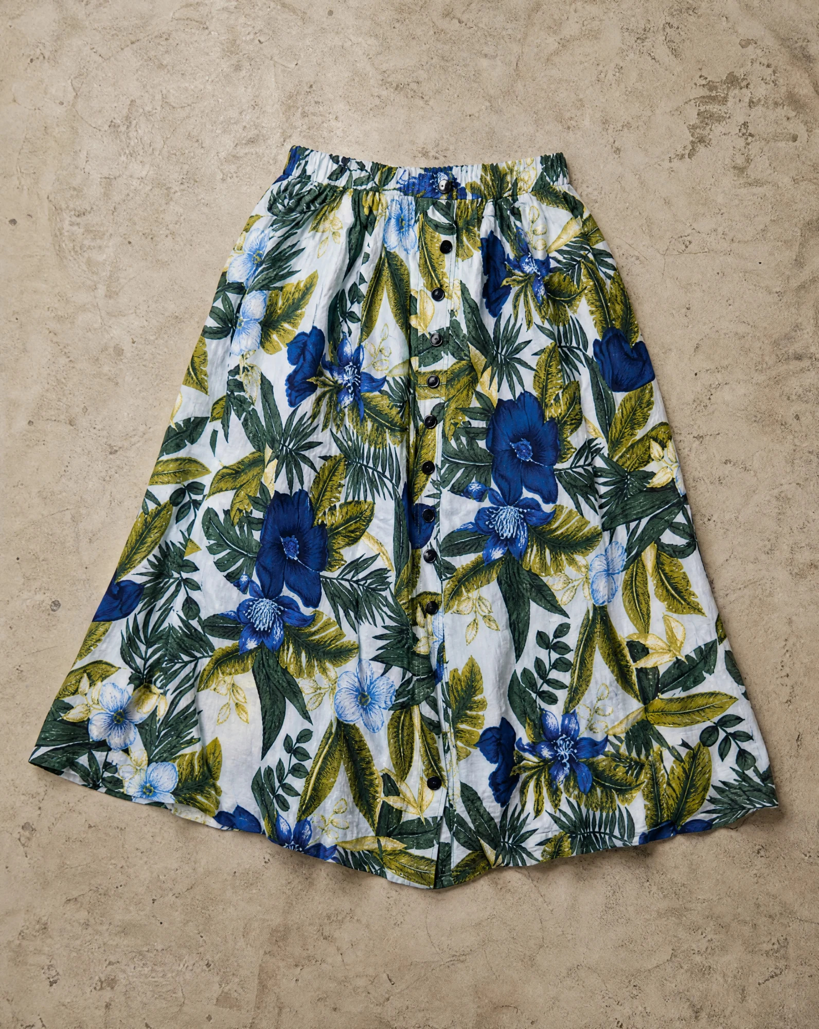 The Tropical Bloom Button-Front Midi Skirt — Ivory with Blue & Green Tropical Floral — the skirts — VAUDRE numbered luxury — view 4