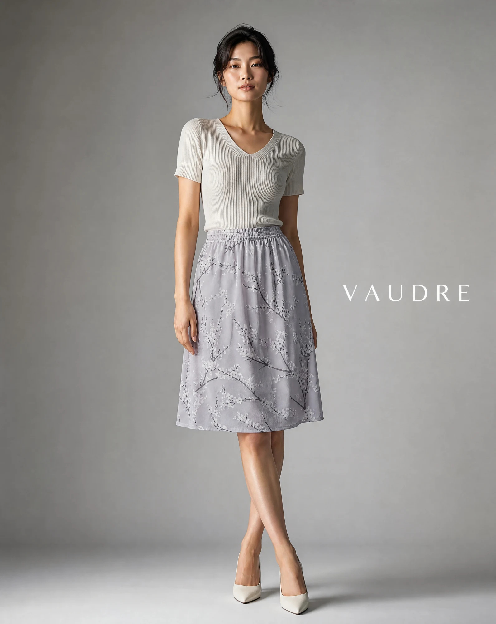 The Grey Cherry-Blossom Satin Skirt — Soft Grey Cherry Blossom — the skirts — VAUDRE numbered luxury — view 2