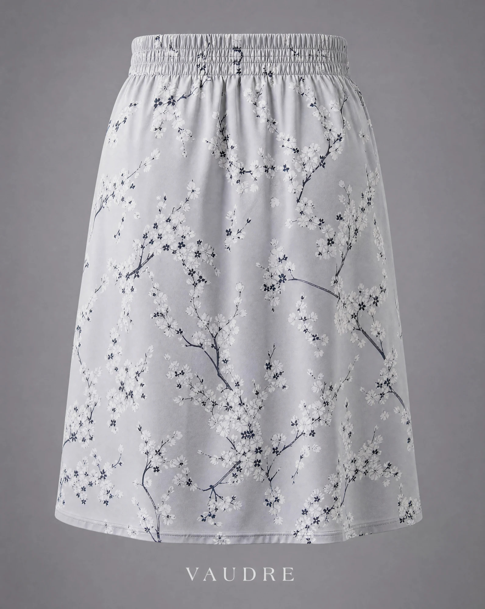 The Grey Cherry-Blossom Satin Skirt — Soft Grey Cherry Blossom — the skirts — VAUDRE numbered luxury — view 3