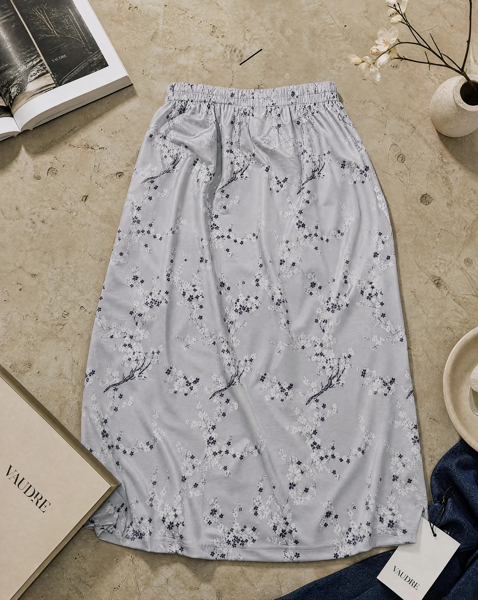 The Grey Cherry-Blossom Satin Skirt — Soft Grey Cherry Blossom — the skirts — VAUDRE numbered luxury — view 4