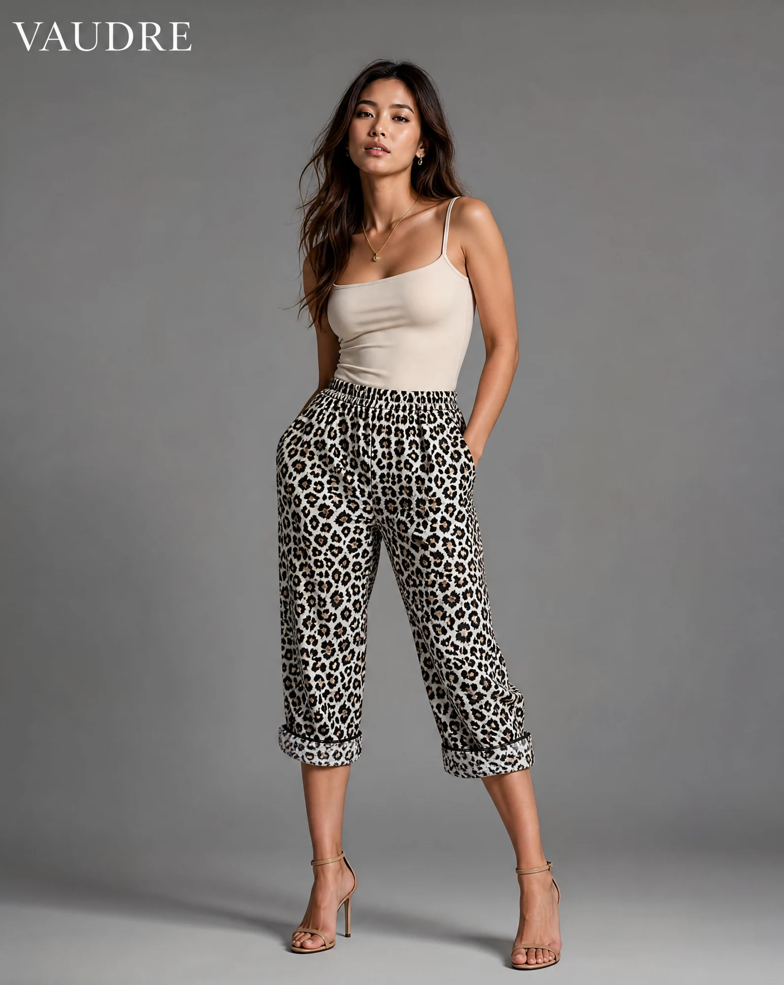 The Wild Leopard Cropped Tapered Trousers — Camel & Black Leopard Print — sovereign pants — VAUDRE numbered luxury — view 2