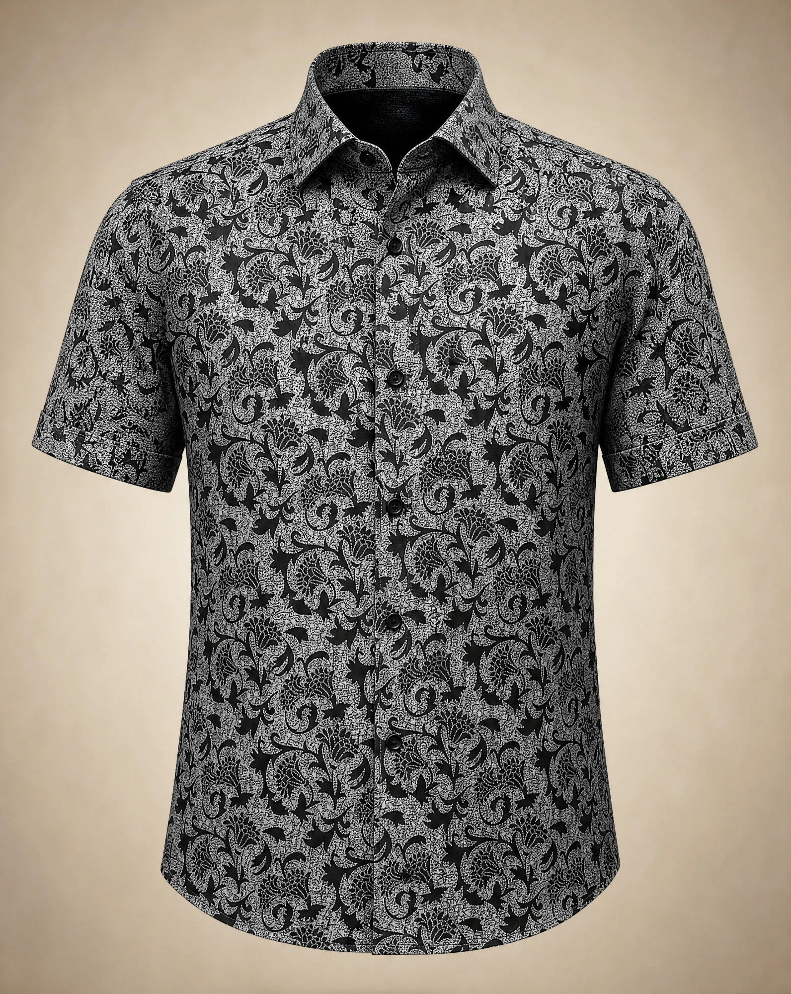 The Silver Damask Black Short-Sleeve Shirt — VAUDRE