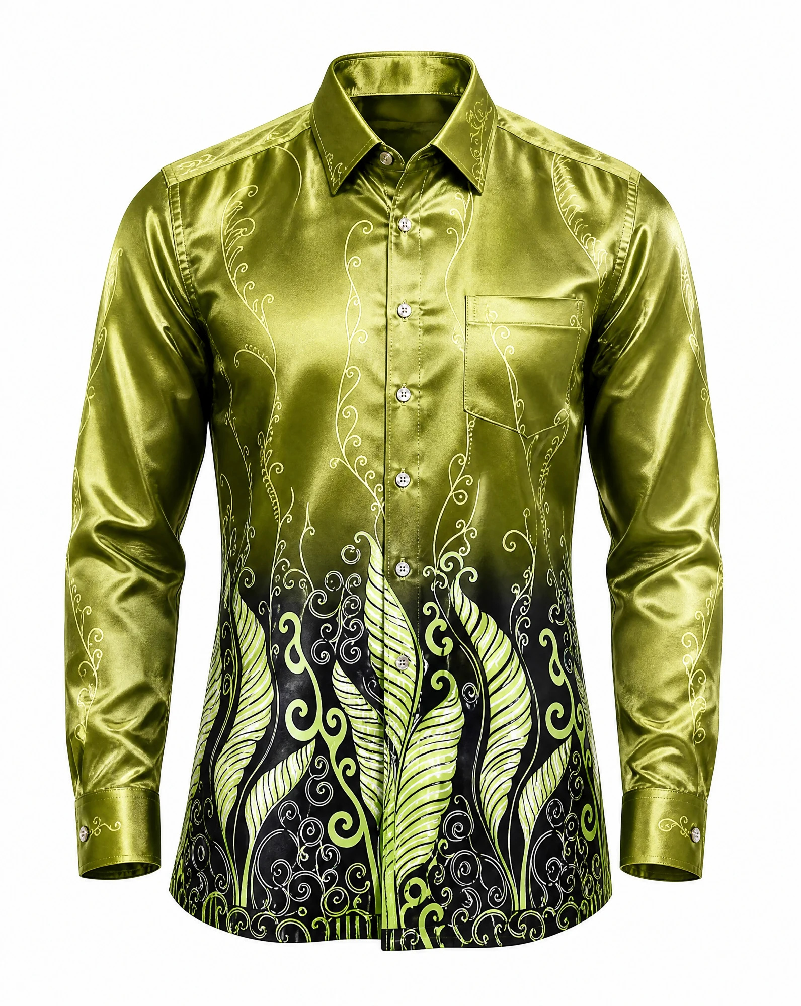 The Emerald Fern Olive Silk Long-Sleeve Shirt — VAUDRE