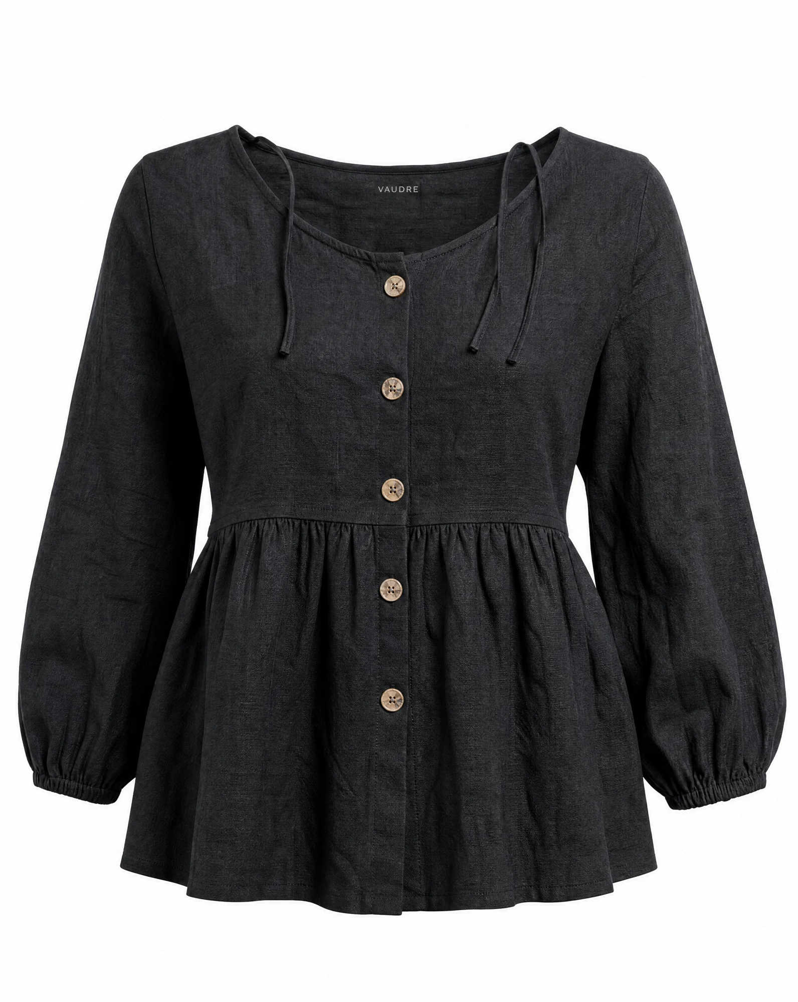 The Black Linen Wooden-Button Peplum Top — VAUDRE