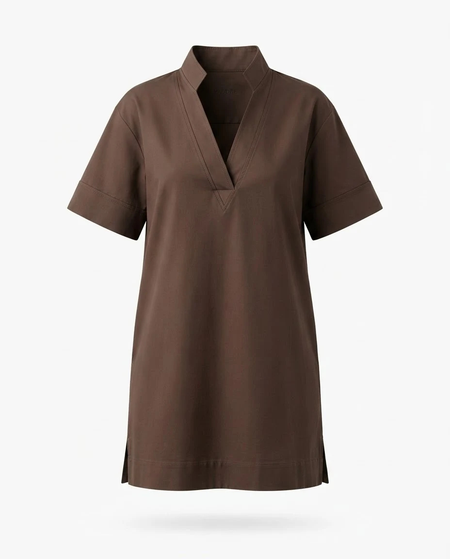 The Brown Stand-Collar Shift Dress — VAUDRE