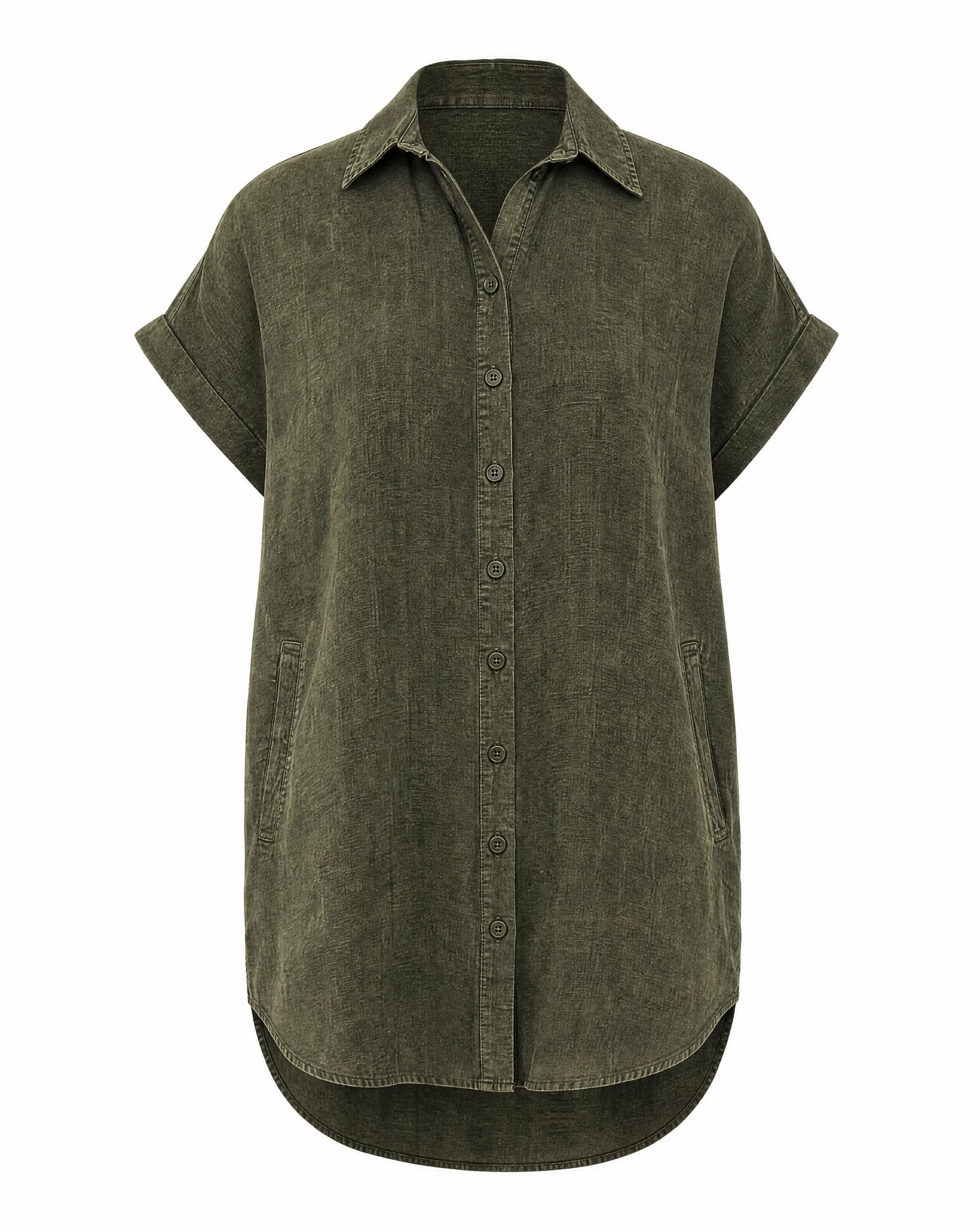 The Olive Washed Linen Cap-Sleeve Shirt Dress — VAUDRE