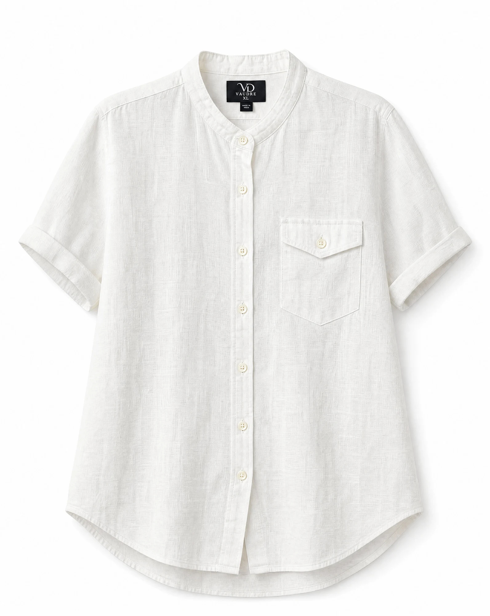 The Ivory White Band-Collar Linen Shirt — VAUDRE
