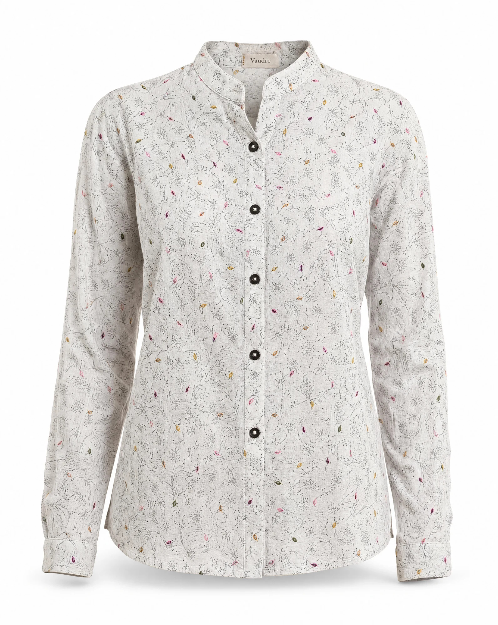 The White Sketch Floral Band-Collar Shirt — VAUDRE