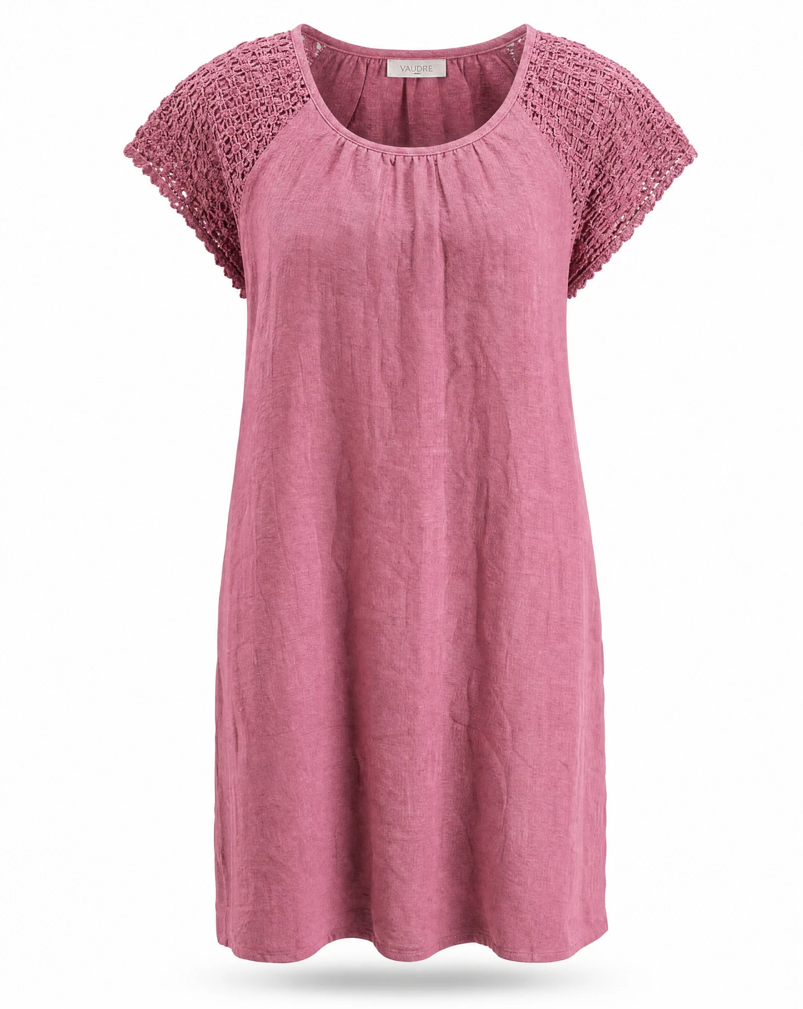 The Rose Pink Crochet-Shoulder Linen Dress — VAUDRE